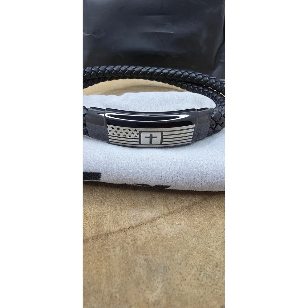 Vnox Mens Black Braided Leather Bracelet American Flag Cross Love You Forever